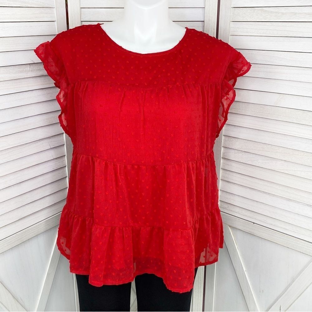Kirundo Clip Dot Tiered Ruffle Chiffon Babydoll Tunic Top Red XL